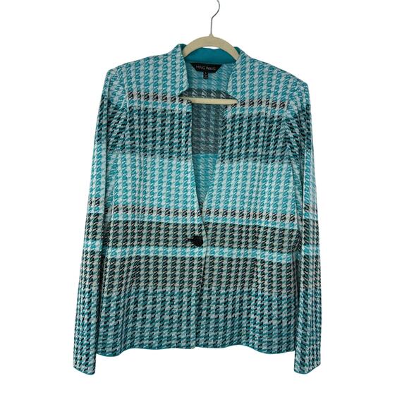 Ming Wang Aqua Blue Houndstooth Knit Blazer Jacket Women’s L Stretch Workwear - Picture 1 of 9